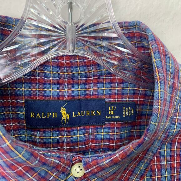 Ralph Lauren Large Tall Long LT Red Blue Plaid Long Sleeve Button Down Shirt - Picture 5 of 5